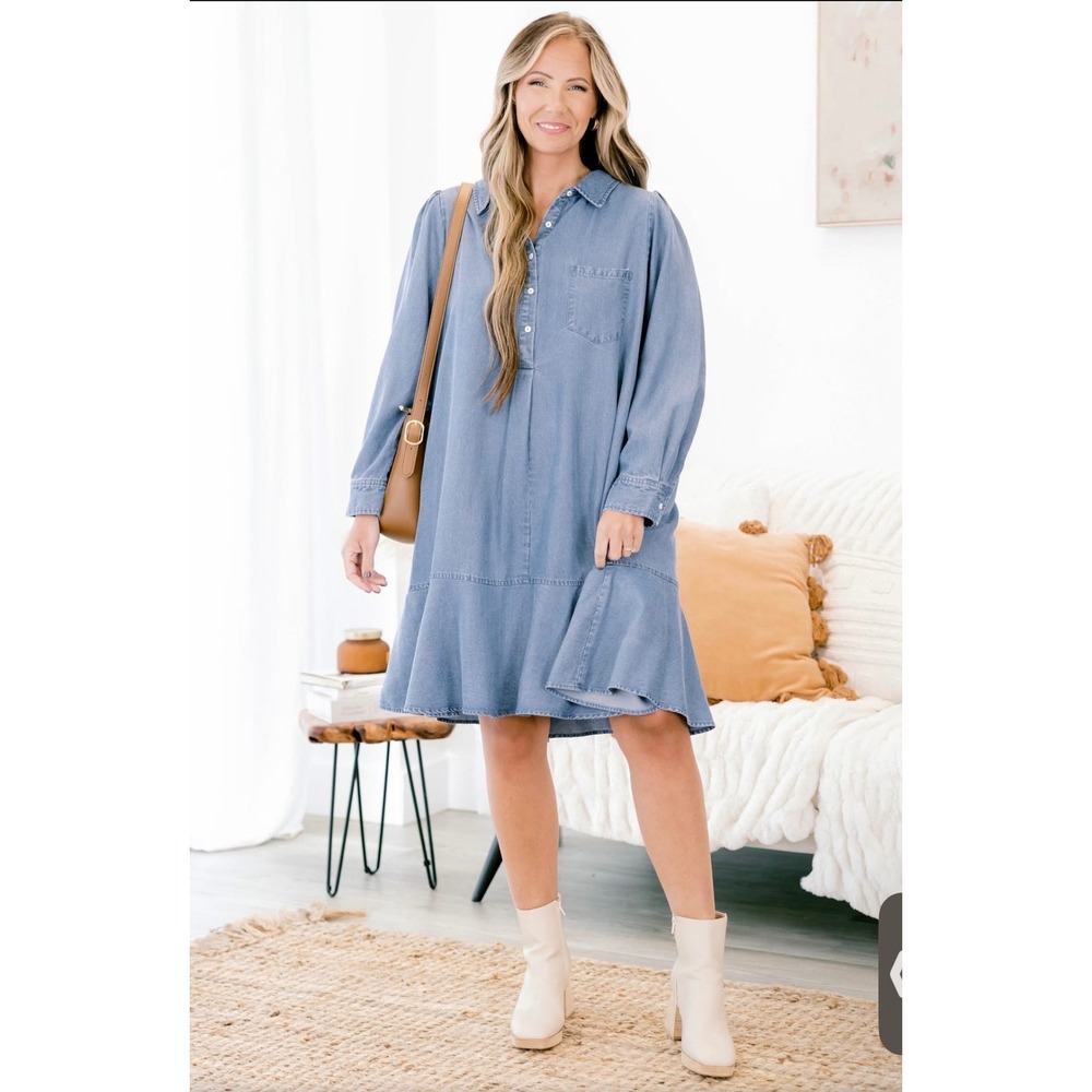 Chic Soul NWOT Denim Tiered Babydoll Shirt Dress Medium Wash Blue Plus Size 1X